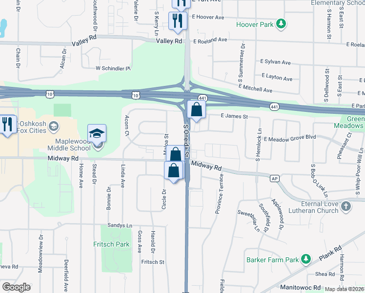 map of restaurants, bars, coffee shops, grocery stores, and more near 1538 U.S. 10 in Menasha