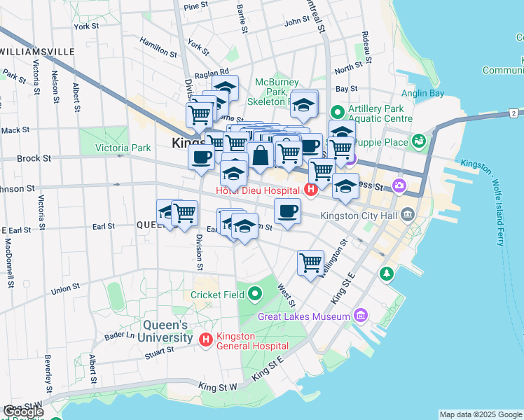map of restaurants, bars, coffee shops, grocery stores, and more near 56 Clergy Street East in Kingston