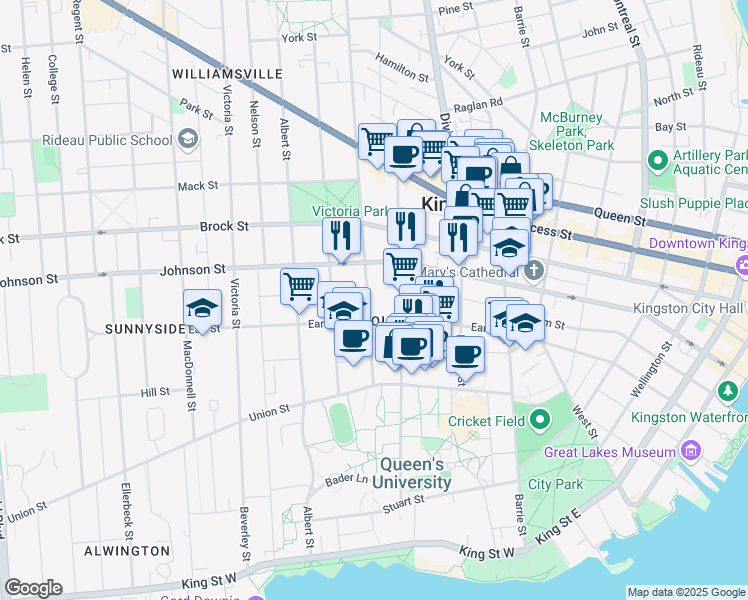 map of restaurants, bars, coffee shops, grocery stores, and more near 181 B Alfred Street in Kingston