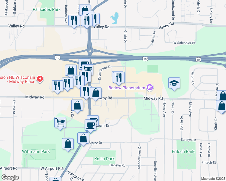 map of restaurants, bars, coffee shops, grocery stores, and more near 1304 Midway Road in Menasha