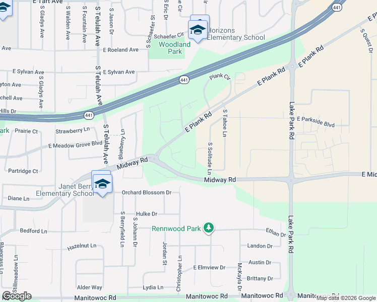 map of restaurants, bars, coffee shops, grocery stores, and more near 2010 East Plank Road in Appleton