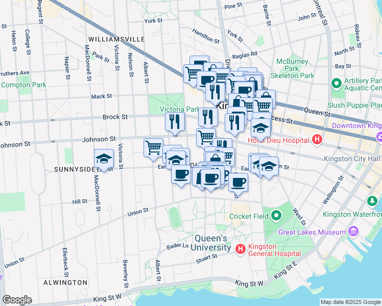 map of restaurants, bars, coffee shops, grocery stores, and more near 181 B Alfred Street in Kingston