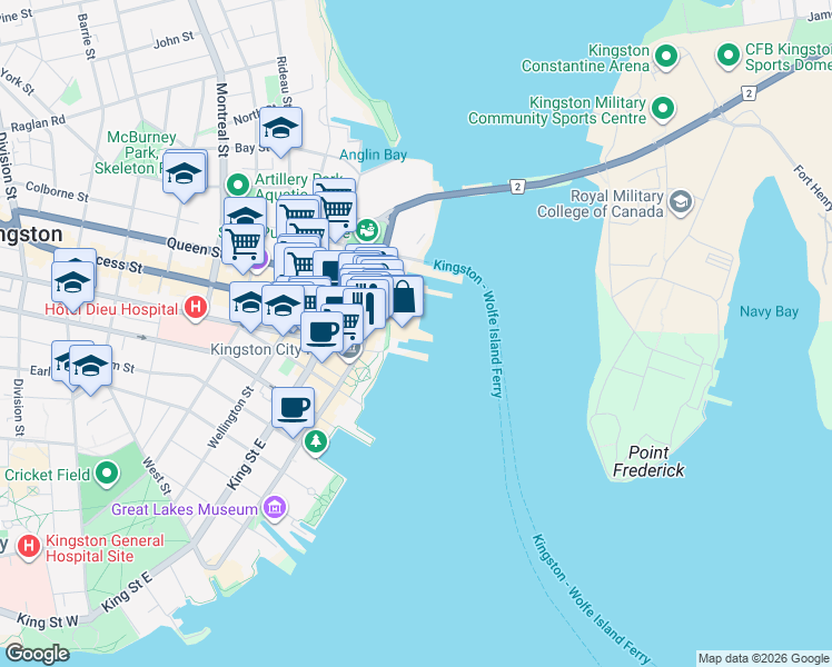 map of restaurants, bars, coffee shops, grocery stores, and more near 2 Princess Street in Kingston