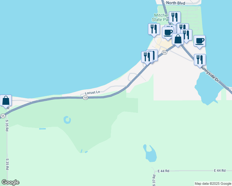 map of restaurants, bars, coffee shops, grocery stores, and more near 5765 S Lake Mitchell Dr in Cadillac