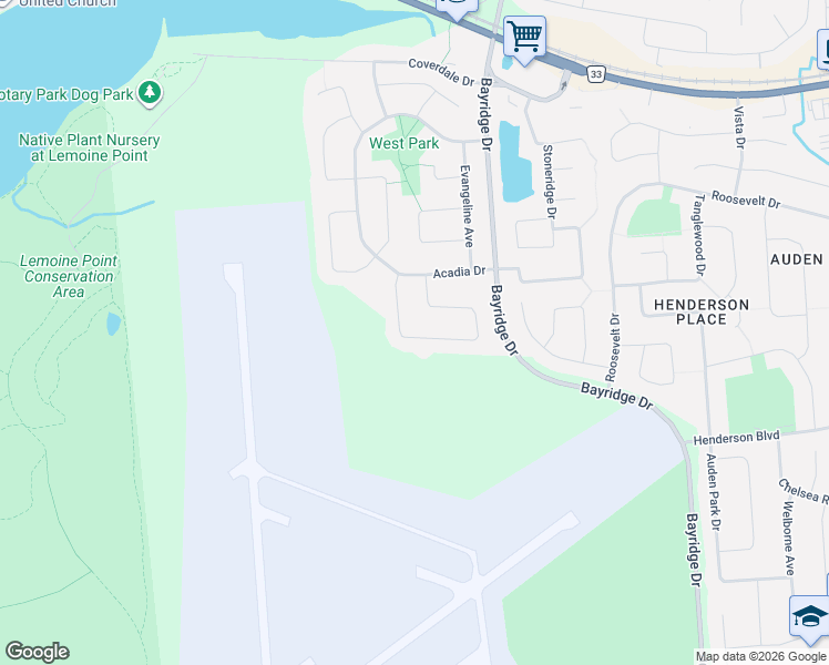 map of restaurants, bars, coffee shops, grocery stores, and more near 611 Barnsley Crescent in Kingston