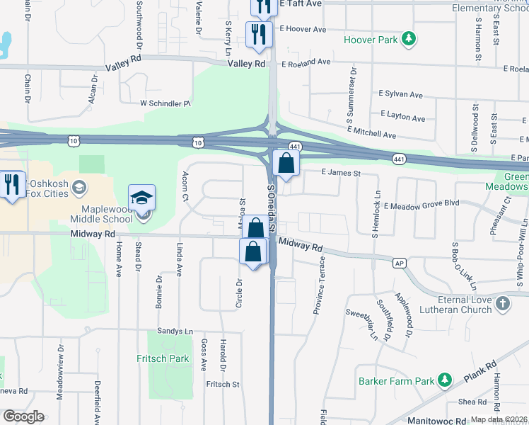 map of restaurants, bars, coffee shops, grocery stores, and more near 1538 U.S. 10 in Menasha