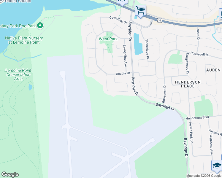 map of restaurants, bars, coffee shops, grocery stores, and more near 611 Barnsley Crescent in Kingston