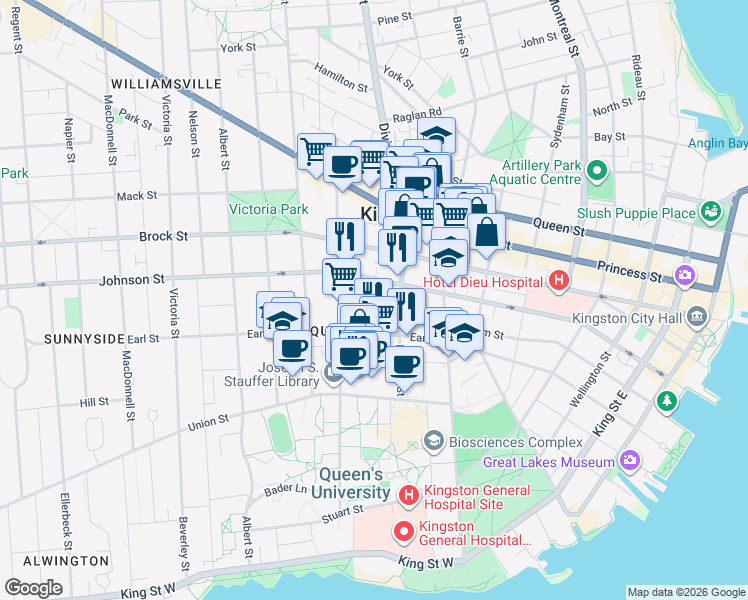 map of restaurants, bars, coffee shops, grocery stores, and more near 33 Aberdeen Street in Kingston