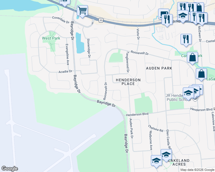 map of restaurants, bars, coffee shops, grocery stores, and more near 689 Roosevelt Drive in Kingston