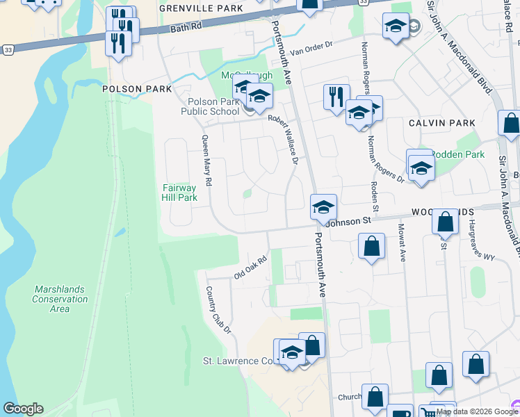 map of restaurants, bars, coffee shops, grocery stores, and more near 41 Campbell Crescent in Kingston