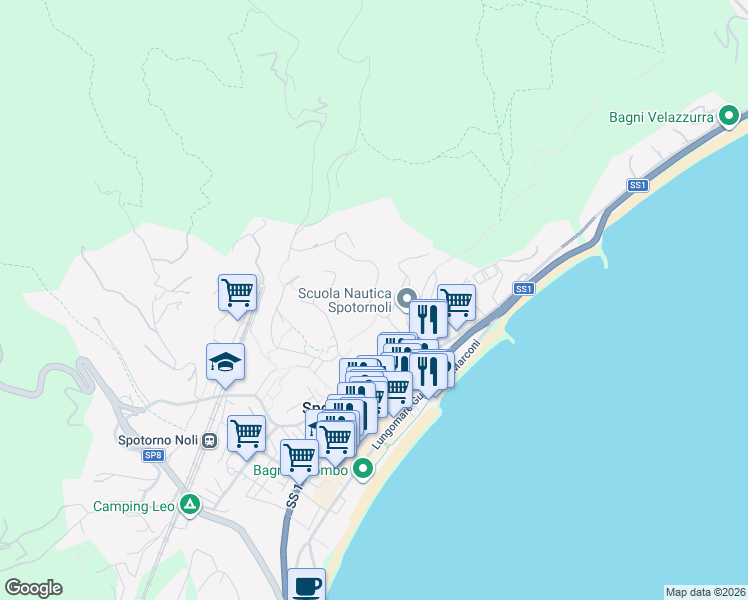 map of restaurants, bars, coffee shops, grocery stores, and more near 61 Via Laiolo in Spotorno