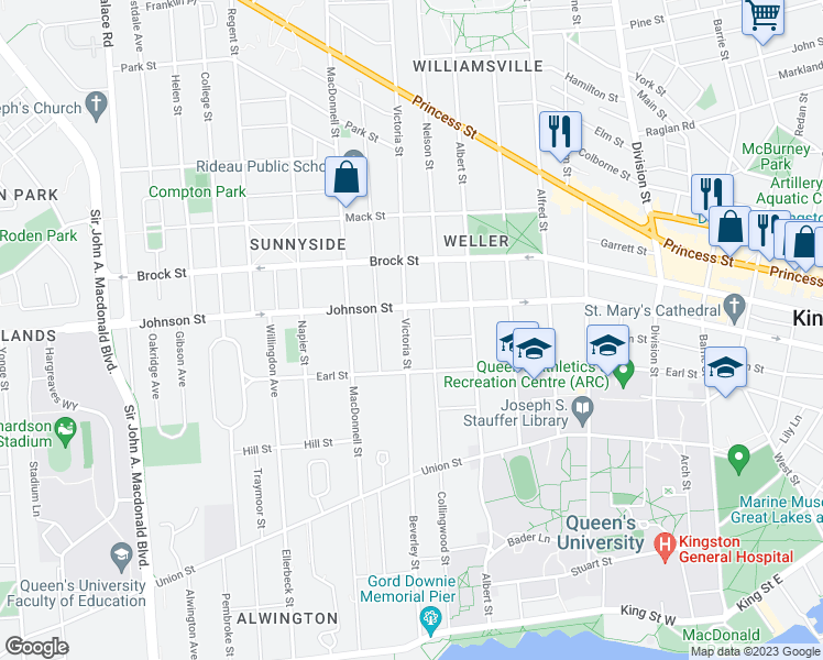 map of restaurants, bars, coffee shops, grocery stores, and more near 317 Victoria Street in Kingston