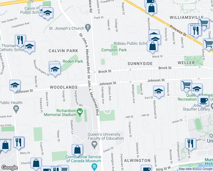 map of restaurants, bars, coffee shops, grocery stores, and more near 846 Johnson Street in Kingston