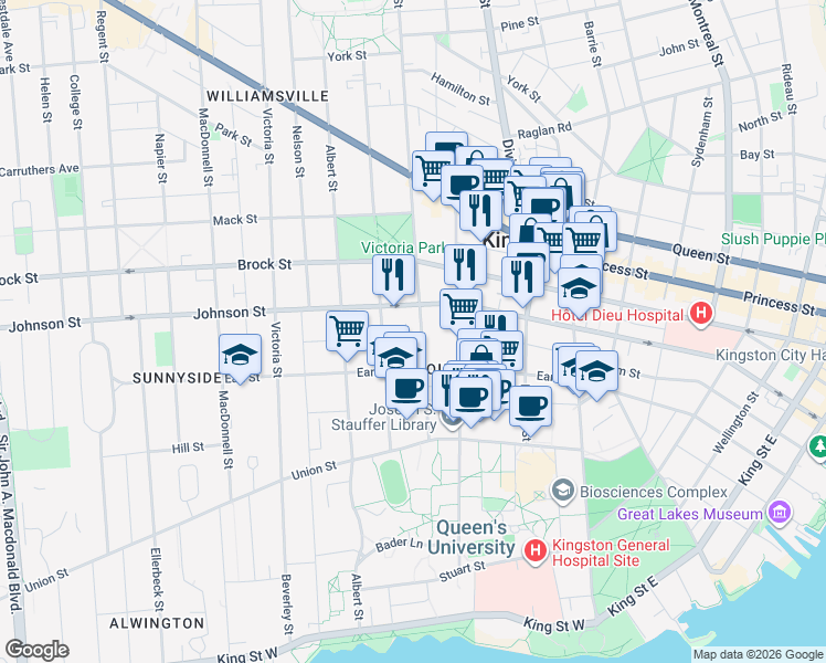 map of restaurants, bars, coffee shops, grocery stores, and more near 204 Alfred Street in Kingston