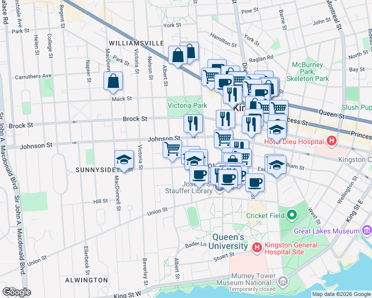 map of restaurants, bars, coffee shops, grocery stores, and more near 284 Frontenac Street in Kingston