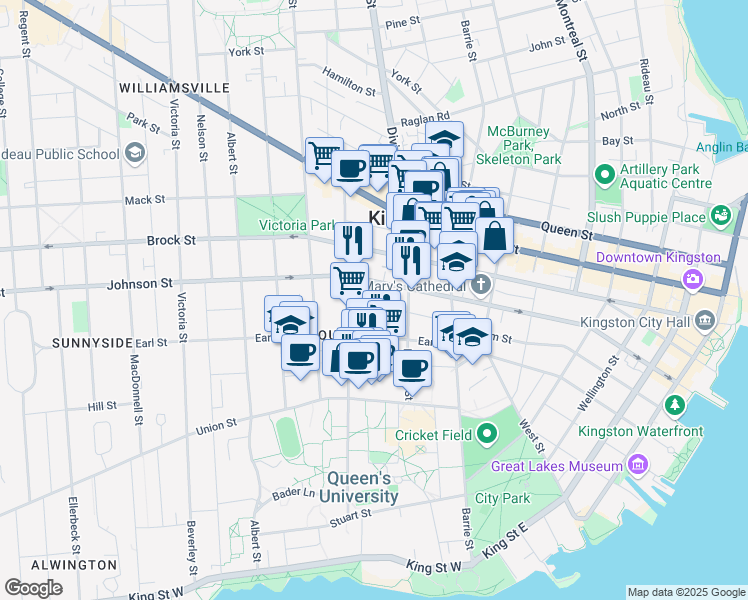 map of restaurants, bars, coffee shops, grocery stores, and more near 34 Aberdeen Street in Kingston