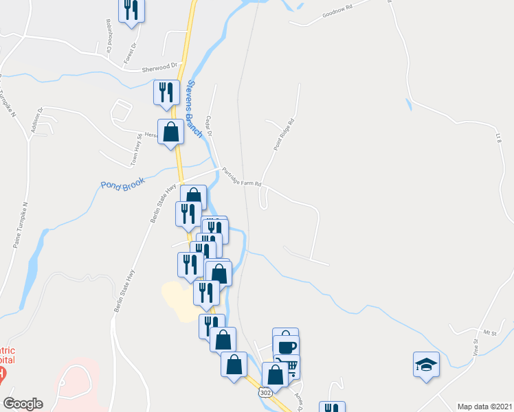 map of restaurants, bars, coffee shops, grocery stores, and more near 34 Mansfield Lane in Barre