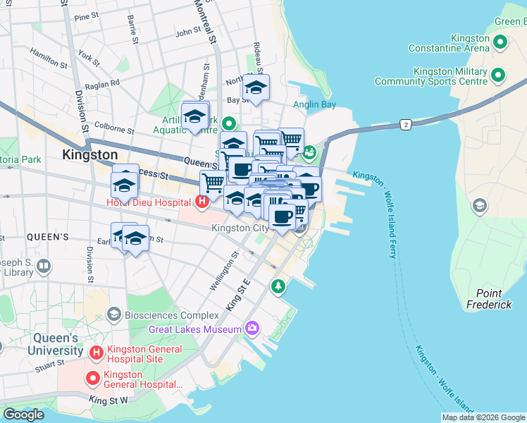 map of restaurants, bars, coffee shops, grocery stores, and more near 171 Wellington Street in Kingston