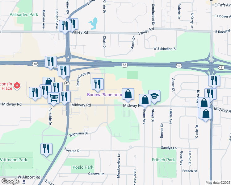 map of restaurants, bars, coffee shops, grocery stores, and more near 1478 Midway Road in Menasha