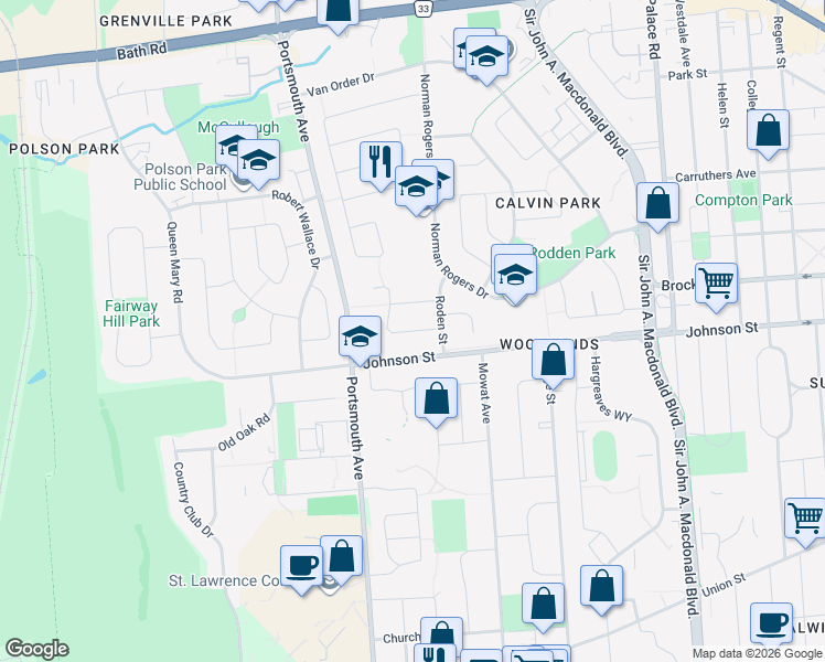 map of restaurants, bars, coffee shops, grocery stores, and more near Watts Crescent in Kingston