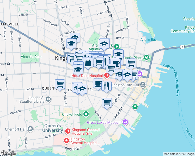 map of restaurants, bars, coffee shops, grocery stores, and more near 122 Sydenham Street in Kingston