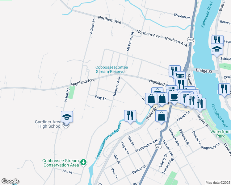 map of restaurants, bars, coffee shops, grocery stores, and more near 57 Harrison Avenue in Gardiner