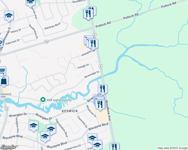 map of restaurants, bars, coffee shops, grocery stores, and more near 11A Riveredge Drive in Georgina