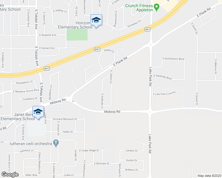 map of restaurants, bars, coffee shops, grocery stores, and more near 3209 South Tahoe Lane in Appleton
