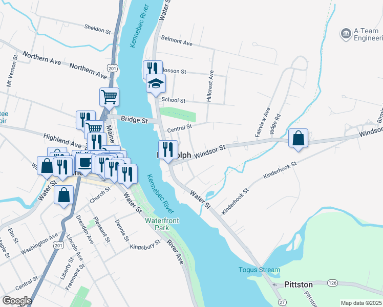 map of restaurants, bars, coffee shops, grocery stores, and more near 12 South Maple Street in Randolph