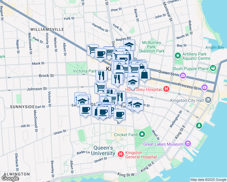 map of restaurants, bars, coffee shops, grocery stores, and more near 1 Aberdeen Street in Kingston