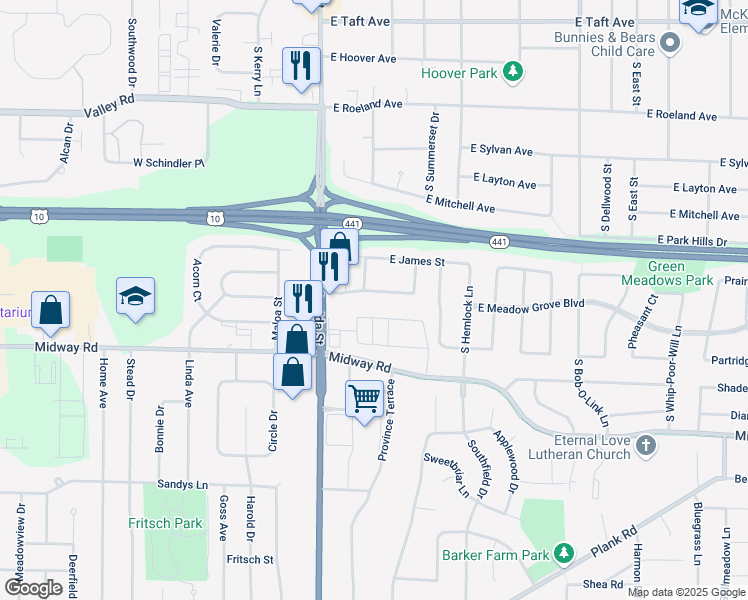 map of restaurants, bars, coffee shops, grocery stores, and more near 106 Primrose Lane in Appleton