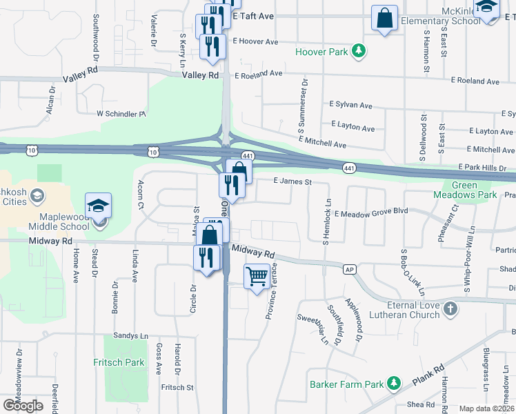 map of restaurants, bars, coffee shops, grocery stores, and more near 201 East Meadow Grove Boulevard in Appleton