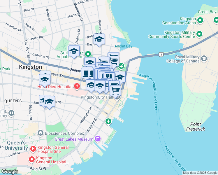 map of restaurants, bars, coffee shops, grocery stores, and more near 70 Princess Street in Kingston