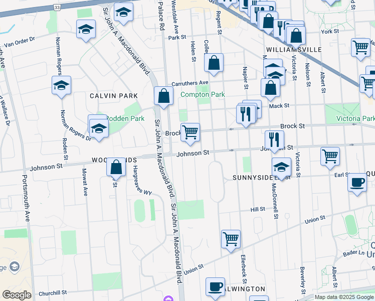 map of restaurants, bars, coffee shops, grocery stores, and more near 847 Johnson Street in Kingston