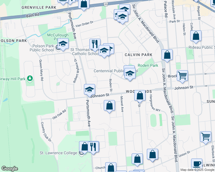 map of restaurants, bars, coffee shops, grocery stores, and more near 5 Watts Crescent in Kingston