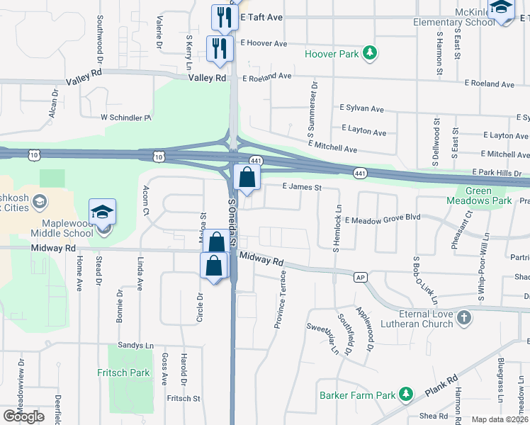 map of restaurants, bars, coffee shops, grocery stores, and more near 201 East Meadow Grove Boulevard in Appleton
