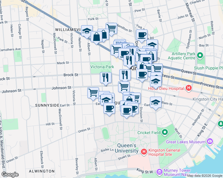 map of restaurants, bars, coffee shops, grocery stores, and more near 235 Alfred Street in Kingston