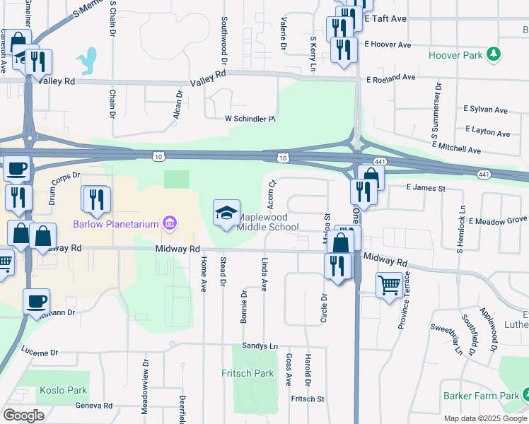 map of restaurants, bars, coffee shops, grocery stores, and more near 1550 Acorn Court in Menasha