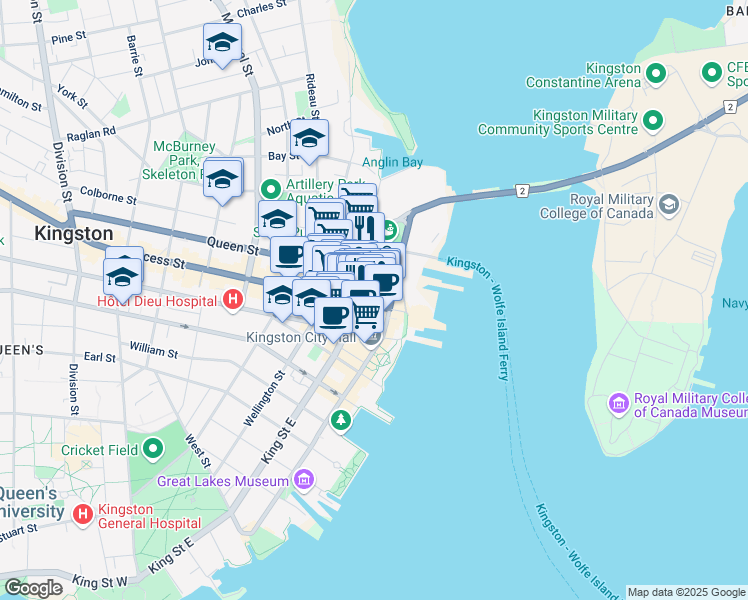 map of restaurants, bars, coffee shops, grocery stores, and more near 35 Princess Street in Kingston