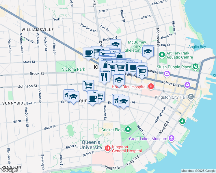 map of restaurants, bars, coffee shops, grocery stores, and more near 331 Brock Street in Kingston