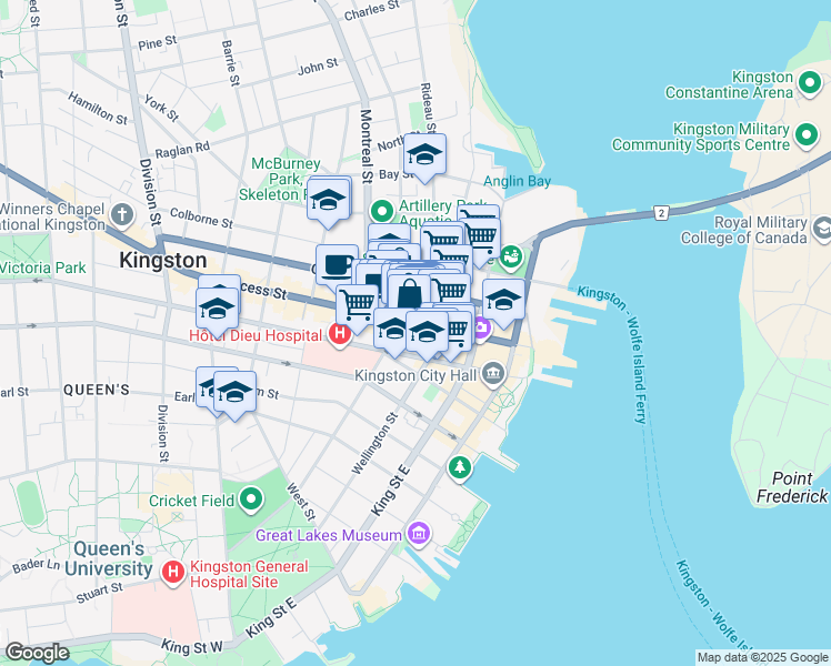 map of restaurants, bars, coffee shops, grocery stores, and more near 120 Princess Street in Kingston