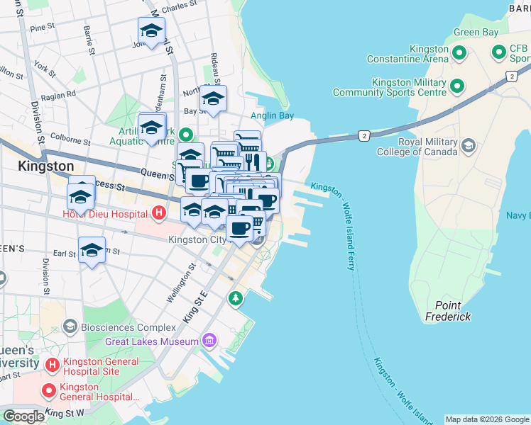 map of restaurants, bars, coffee shops, grocery stores, and more near 27 Princess Street in Kingston