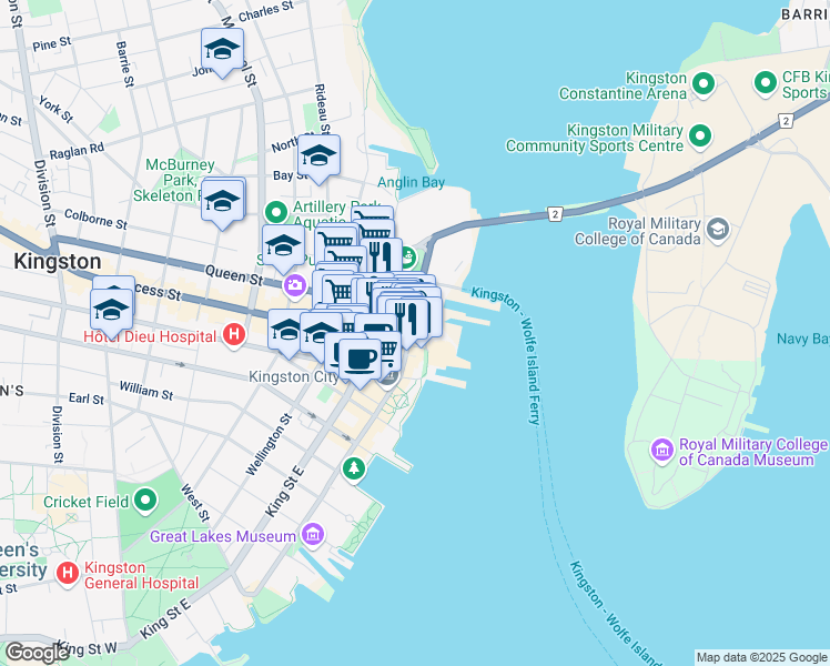map of restaurants, bars, coffee shops, grocery stores, and more near 265 Ontario Street in Kingston