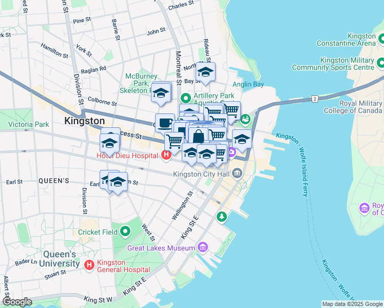 map of restaurants, bars, coffee shops, grocery stores, and more near 265 Ontario Street in Kingston
