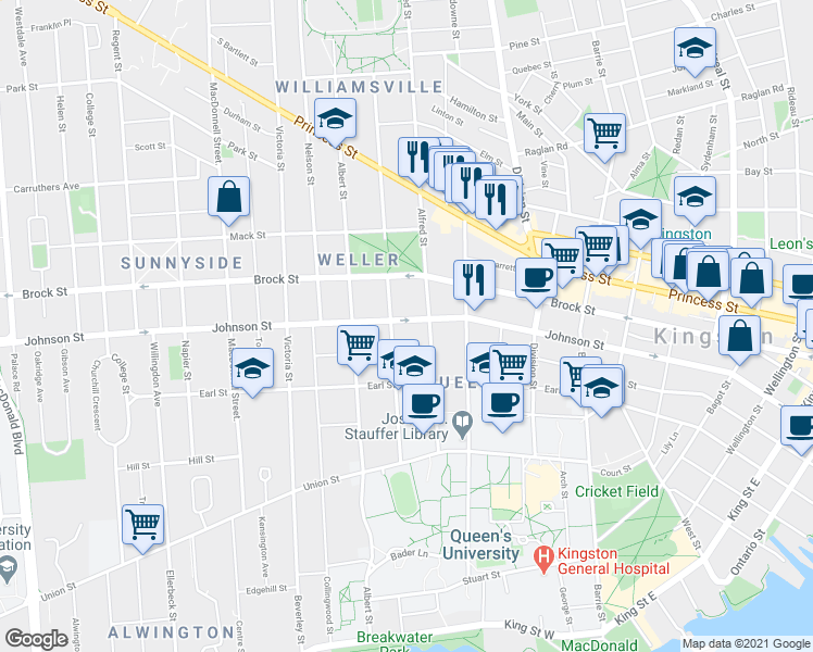 map of restaurants, bars, coffee shops, grocery stores, and more near 482 Johnson Street in Kingston