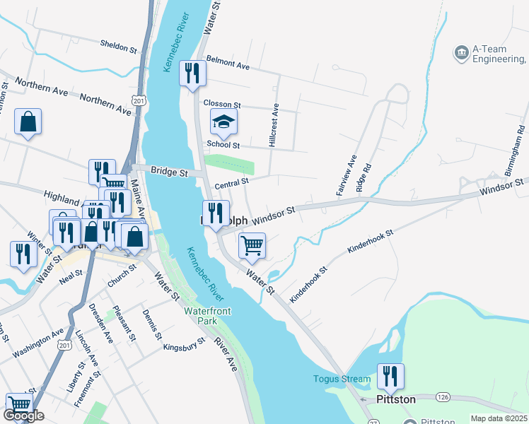 map of restaurants, bars, coffee shops, grocery stores, and more near 44 Windsor Street in Randolph