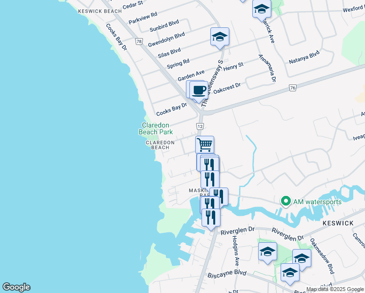 map of restaurants, bars, coffee shops, grocery stores, and more near Ashdale Road in Georgina