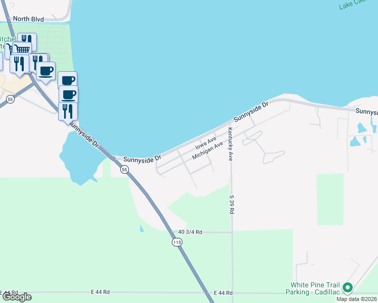 map of restaurants, bars, coffee shops, grocery stores, and more near Iowa Avenue in Cadillac