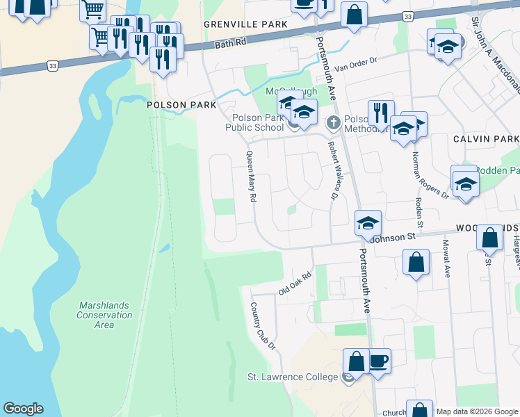 map of restaurants, bars, coffee shops, grocery stores, and more near 86 Queen Mary Road in Kingston