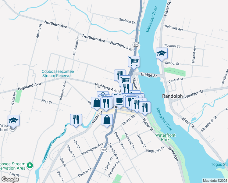 map of restaurants, bars, coffee shops, grocery stores, and more near 16 Highland Avenue in Gardiner